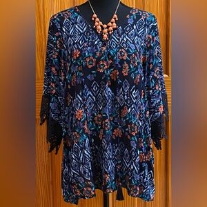 Women's C EST 1946 Blue Top Tie Front Decorative Lace Sleeves Size XL